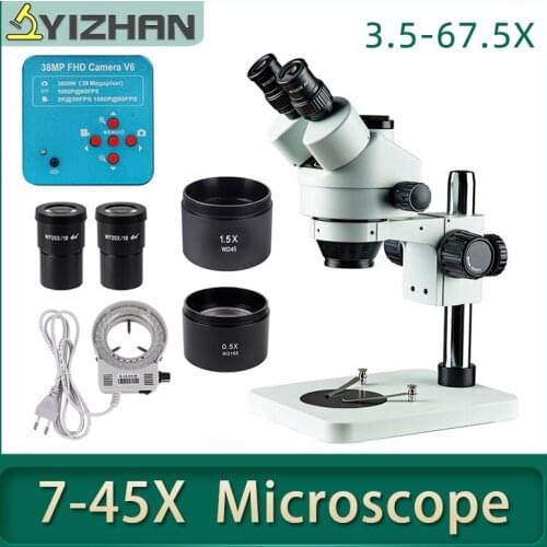 YIZHAN 3.5X-67.5X Trinocular Stereo Zoom Microscope With 38MP 2K HDMI USB Camera LED Light Microscopie 1.5X 0.5X Lens