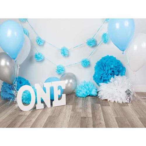 VinylBDS Wedding Backdrop Newborn Birthday Photocall Background Wood Photo Backdrop Cake and Ballon Blue Backdrop for Studio