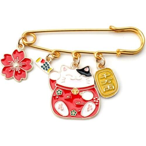 Japanese Style Pendant Brooch Pins Cute Cat Koi Sakura Safe-Pin Brooches 2Color Enamel Badge Pin Symbol Brings You Good Luck