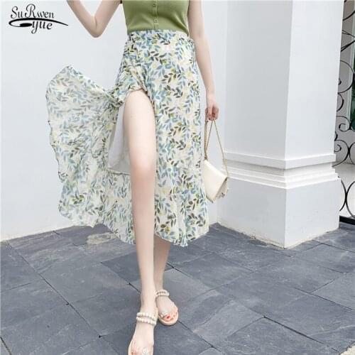 Summer Chiffon Skirt Women Irregular Skirt Fishtail Floral Midi Skirts Lace-up Lotus Leaf Beach Chiffon Skirts Jupe Femme 10232
