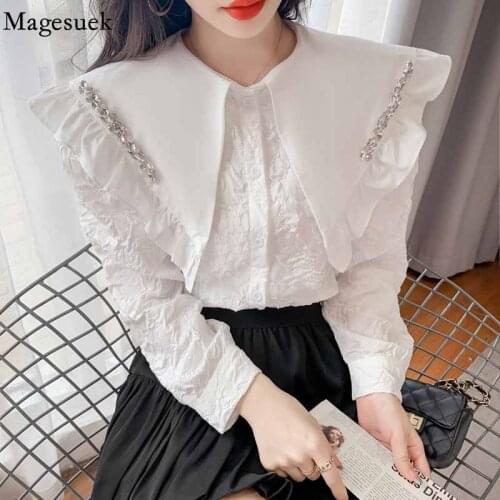 Autumn Big Lapel Elegant Blouse for Women 2021 Puff Long Sleeve Pleated Shirts Sweet Ruffles Blouse Women Tops Blusa Mujer 16368