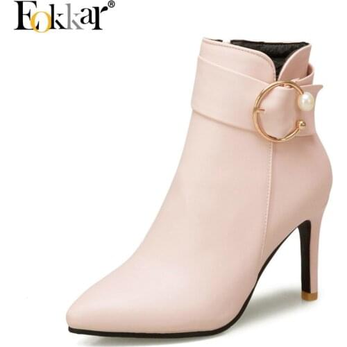 Eokkar 2020 Women Ankle Boots Thin High Heel Pointed Toe Winter Boots Warm Zipper All Match Silod Ladies Boots Shoes Size 34-43