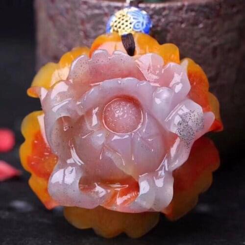 Wholesale Color Natural Stone Pendants Hand Carved Peony Flower Handmade Beads Sweater Chain Necklace Lucky for Women Jewelry