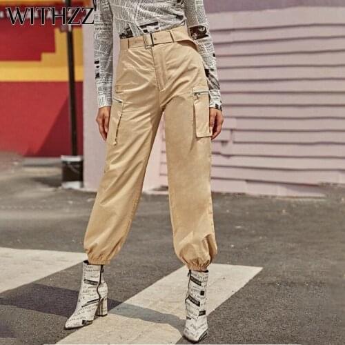 WITHZZ Spring Autumn Pocket Trousers Womens Loose Belt Casual Cargo Pants