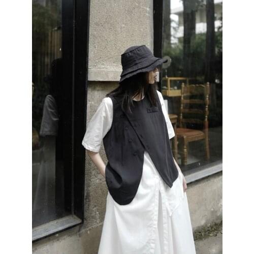 Dark Yamamoto style black asymmetrical round collar waistcoat fashion niche Japanese designer style waistcoat women