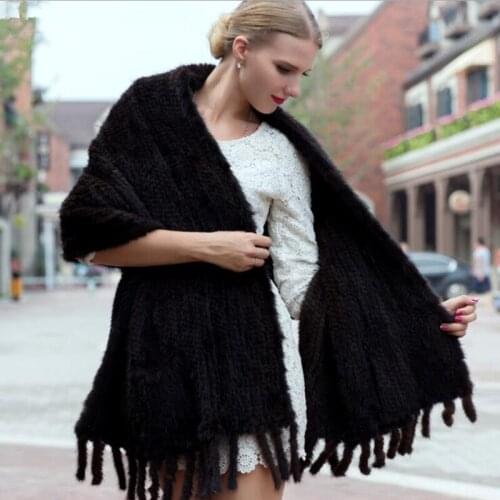 Length 160CM Womens Real Knitted Mink Fur Scarves With Tassels Lady Pashmina Wraps Autumn Winter Women Fur Shawls