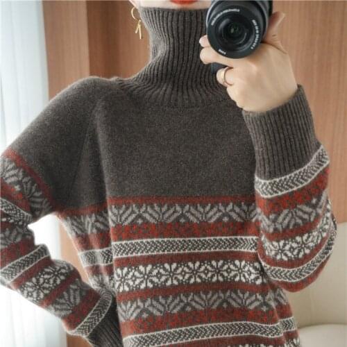 Lucyever Turtleneck Women Sweater Pullover Casual Knit Print Vintage Korean Loose Female Winter Warm Long Sleeve Ladies Jumper