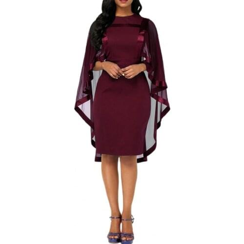 Women Cape Dress 2021 Cloak Sleeves Mesh Patchwork Autumn Solid Color Round Collar Elegant Bodycon Dress for Wedding