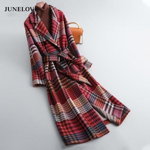 JuneLove Autumn Winter New Arrival Women Warm Wool Coat Fashion Plaid Belted Blends Outwear Female Korean Slim Office Long Coat