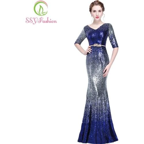 SSYFashion New Mermaid Evening Dress The Banquet Luruxy Half Sleeve Sexy Gradient Color Sequined Fishtail Long Party Formal Gown