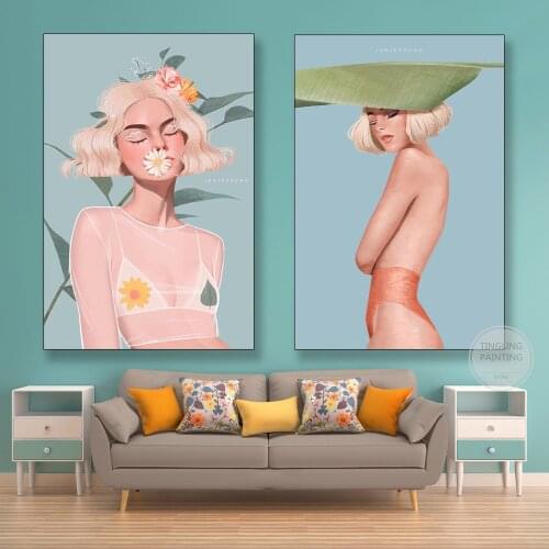 Gold Hair Sexy Girl Prints Nordic Fashion Canvas Painting Illustration Summer Wall Art Poster Modern Living Room Home Decor
