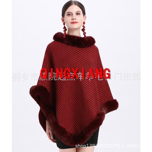 5 Colors 2021 Faux Rabbit Fur Neck Loose Houndstooth Pullover Winter Women Triangle Poncho Knitted Cape Out Streetwear Coat