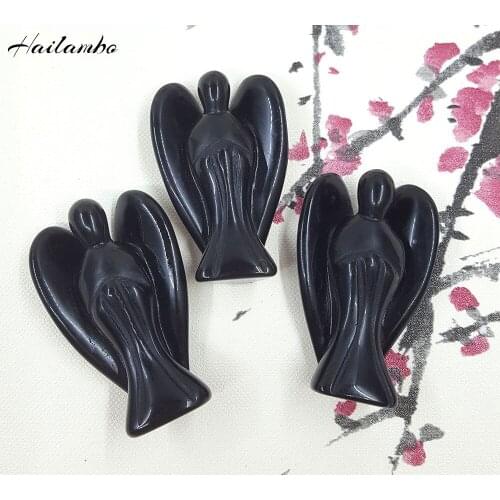 5pcs/lot Hailambo New Elegant Natural Obsidian Stone Beads Gem-stone Angel Statue Carved Angel Figurine With Wing Pendant Charms
