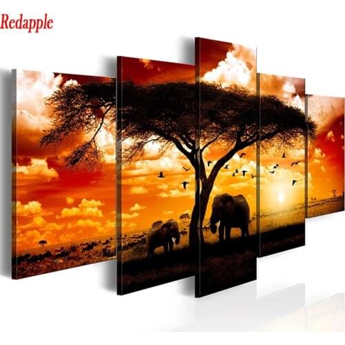 Diamond Embroidery Sunset african plains elephant, tree Diamond Painting Full Square round drill Mosaic Cross Stitch Wall 5 Pcs