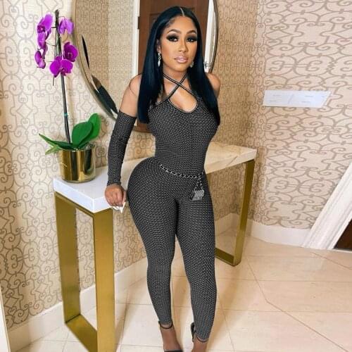 BKLD Women Clothing Summer New Style Polka Dot Printing Off-Shoulder Hollow Out Halter Lace-Up Long Sleeve Bodycon Jumpsuit