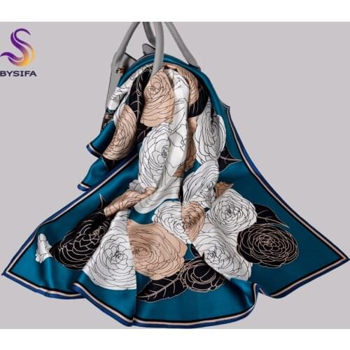 BYSIFA|Brand Dark Blue Pure Silk Women Scarf Shawl New Camellia Design Head Scarf Winter Luxury Square Scarves Hijabs 90*90cm
