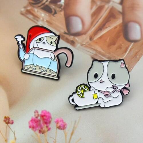 Teapot cat Enamel Brooch Lemon tea cup kitten Lapel Pin Cute animal bag Badge Gifts for friends