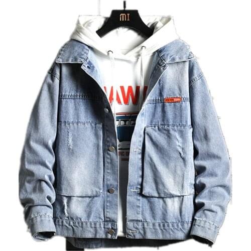 2020 Denim Jacket Men Hole Retro Motorcyle Basic Coat Streetwear Hip Hop Bomber Jacket Cowboy Mens Jean Jacket
