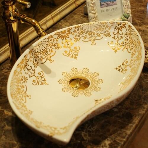 Europe Vintage Style Lavobo Ceramic Washing Basin Counter top Bathroom Sink ceramic wash basin bathroom sink gold pattern oval