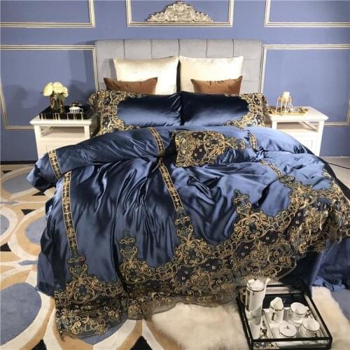 Luxury Wedding Blue 4/6pcs120S Egyptian cotton Embroidery Bedding sets Queen King Lace Duvet cover Bed sheet set Pillowcases