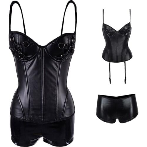 Faux Leather Waist Trainer Overbust Steampunk Corset Set Slim Cincher Womens 2 Pcs Vintage Gothic Black