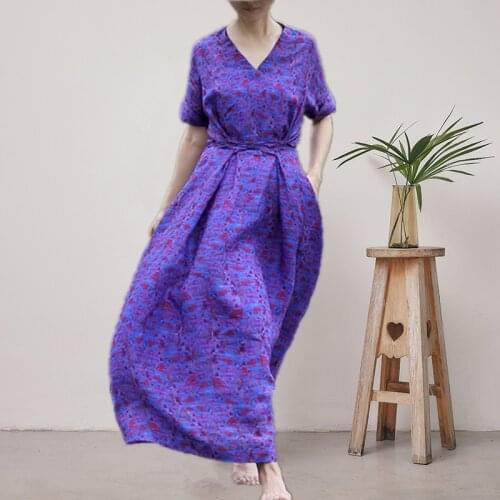 19 Years Violet Ramie Printing Waist Overknee Long Dress V Lead Easy Thin 80609 h190425