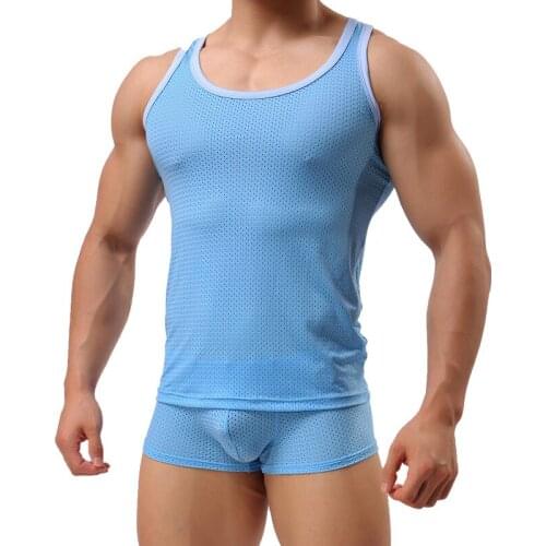 Summer Man Undershirt/Men Sexy Mesh Sheer Basic Shirts/Male Mesh Breathable O-neck Gay Sleeveless Slimming Inner Tank Tops