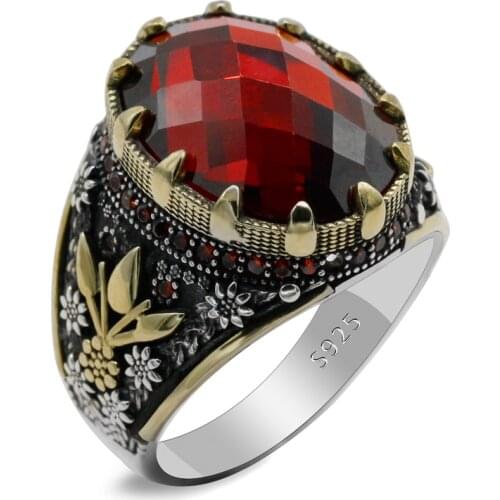 925 Sterling Silver Mens Ring Oval red Zircon Mens Ring Vintage Silver Turkish Fashion Jewelry Gift