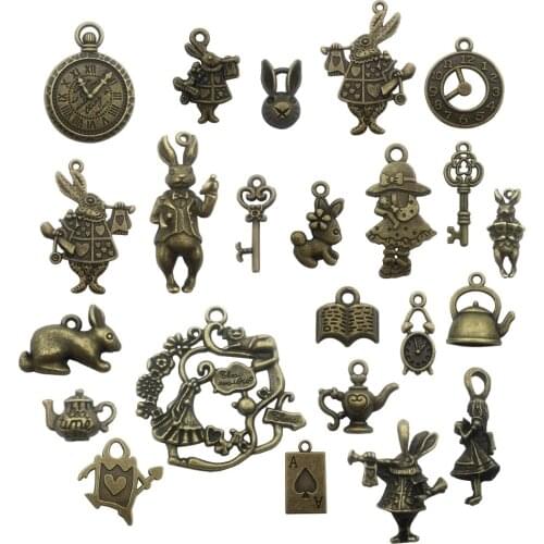 Mix 20/40pcs of Alice Rabbit Charms Bronze Silver Alice in Wonderland Charm Pendants, Clock ,Key,Teapot
