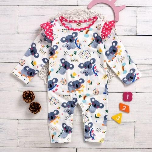 New Baby Girls Long Flying Sleeve Jumpsuit Cartoon Koala Pattern Stitching Round Neck One Piece Long Pants