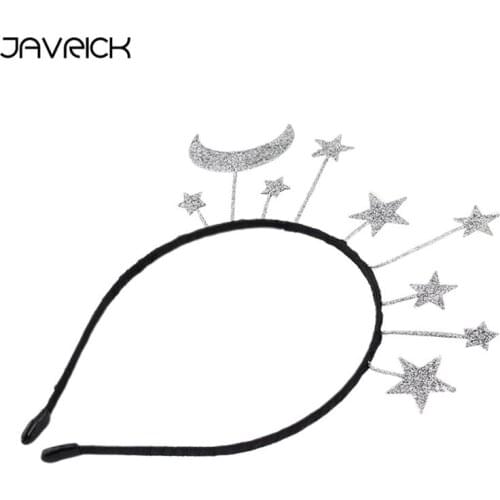 Princess Girl Halloween Party Crown Headband Glitter Powder Moon Star Charms Metal Alloy Hair Hoop Birthday Tiara Headpiece Gift