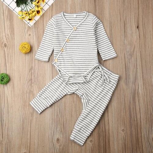 Pudcoco Autumn Newborn Baby Boy Girl Clothes Striped Long Sleeve Cotton Romper Tops Long Pants 2Pcs Outfits Soft Clothes Set