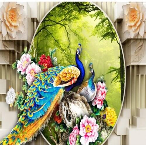 Dropshipping Colomac Forest Wallpaper Chinese Style Peacock Garden Peony Flowers Mural Wallpaper Floral Wallpaper Papier Peint