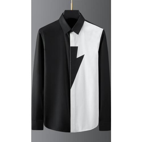 Black White Patchwork Shirt Men Long Sleeve Slim Fit Casual Shirt High Quality Business Social Party Tuxedo Men Clothing camisas