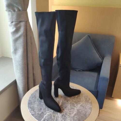 Black knife shark over-the-knee block heels boots Stretch fabric chunky boot for Women luxury designers Shoes ladies Footwear