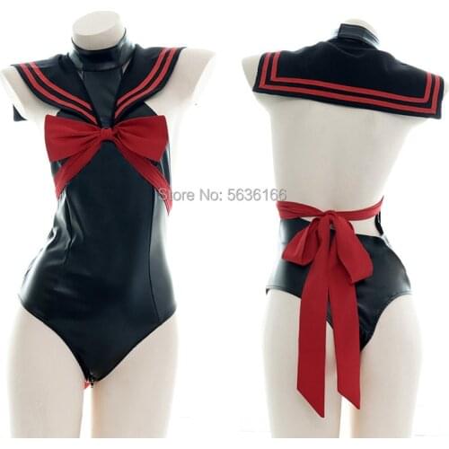 Sexy Lolita Vintage PU Leather Sailor Collar JK Bodysuit Black Private Room Pajamas With Zipper School Uniform Set
