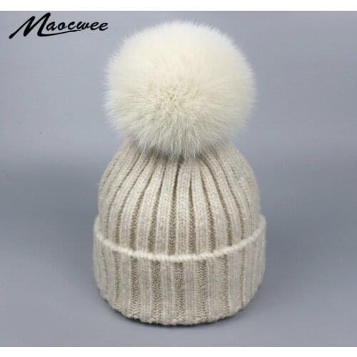 100% Real Fox Fur Pompoms Hats Women Winter Caps with Fox Ponpon Colored Fur Pompom Beanie Female Mink Knitted Wool Caps Bones