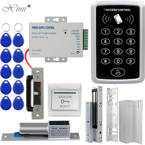 RFID Access Control System Kit Frame Glass Door Set+Electric 180KG Magnetic Lock+10pcs Keytab+Power Supply+Exit Button