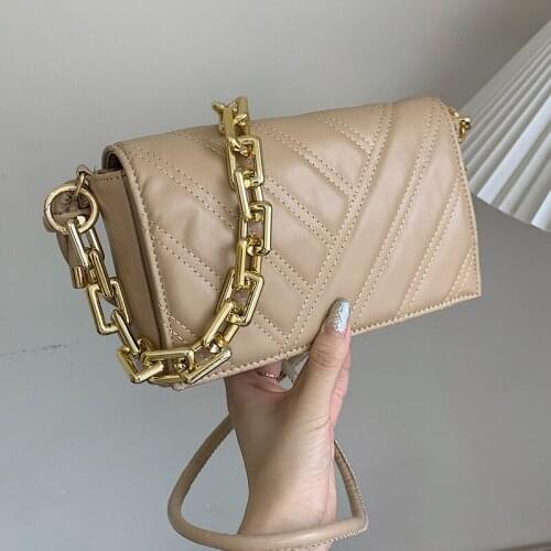 Quilting PU Leather Shoulder Crossbody Bag For Women 2021 Summer Travel Trends Thick Chain Baguette Purses and Handbags Green