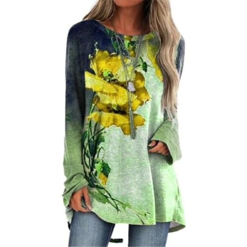 2021 Autumn Winter Women Long T Shirt Sleeve Flower Print Shirt Casual Loose Pullover Female Tops Fashion Street Ladies Tee Top