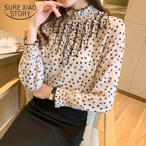 Women Spring Autumn Style Chiffon Blouse Shirts Lady Casual Long Sleeve Stand-collar Polka Dot Printed Chiffon Blusas Tops 13098