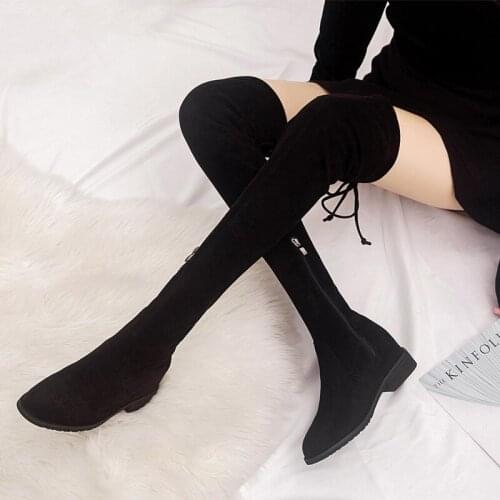 Girls Stretch high long boots suede over knee thigh high bottes mujer new height increasing plush fur lined boots big size shoe