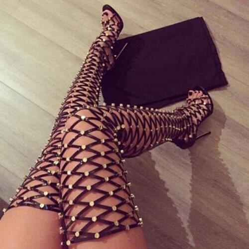 Sexy Women Eye-Catching Gold Studded Rivets Thigh High Boots Cross Strap Cut Outs High Heels Over Knee Summer Boots Plus size 44