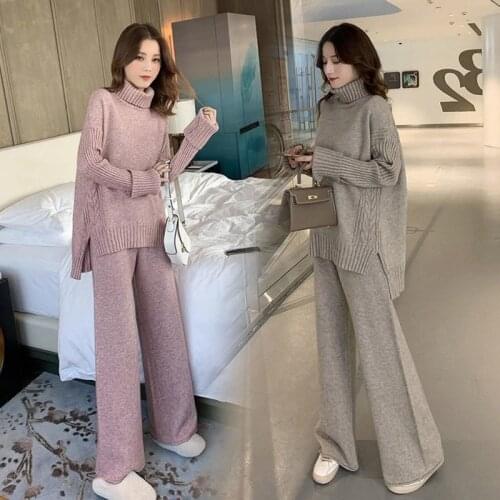 Autumn Winter Women Tracksuit Solid Color Striped Turtleneck Sweater + Elastic Wide Leg Pants Suits Knitted Two Piece Set Y409