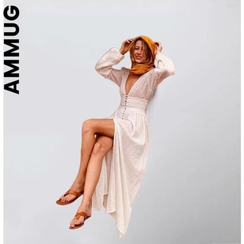 Vintage Dress Deep V Neck Long Sleeve Casual Maxi Dress Solid Color Button Front Split Sexy Elegant Womens Dresses Female Robe