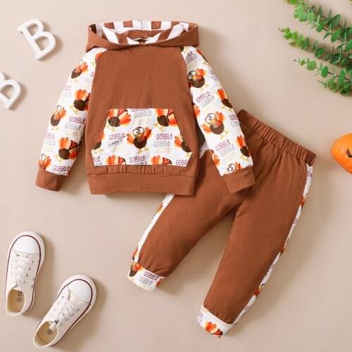 2Pcs Kids Clothing Boys/Girls Thanksgiving Day Cartoon Print Long Sleeve Hooded Pullover Pocket Hoodies Trousers Clothes
