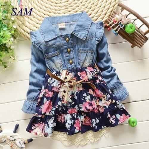 2020 Girls Casual Dress Kids Floral Denim Dresses Childrens Spring and Autumn Clothes Long-sleeved Children Clothing