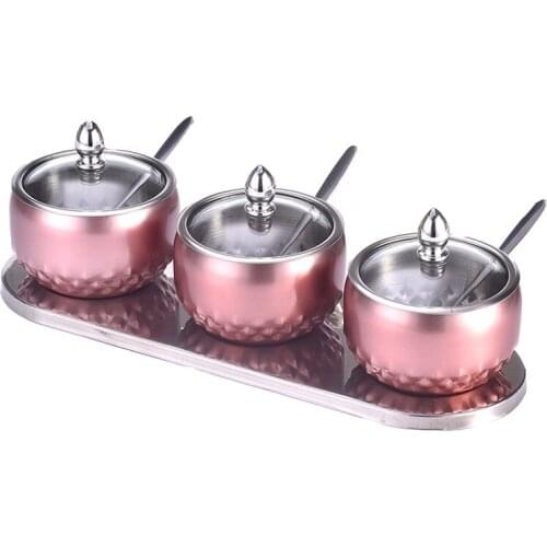 Stainless steel seasoning jar European seasoning box spoon glass lid seasoning bottle combination set kitchen supplies