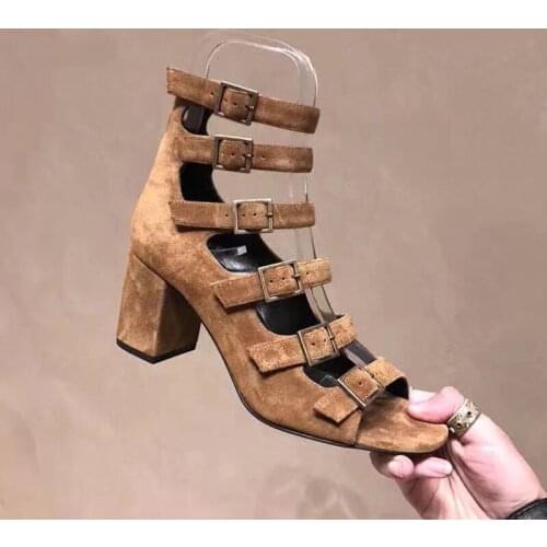 Retro Suede Leather Strap Metal Buckle Peep toe Sandals Boots Women Chunky Heels Bottines Shoes Gladiator Summer Ankle Boots