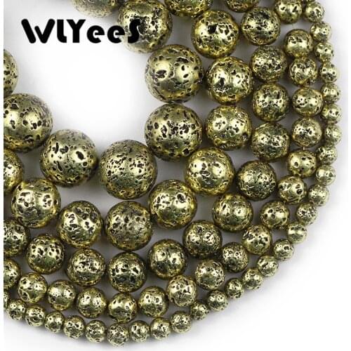 WLYeeS Natural Stone Plating Bronze Volcanic Lava Loose Beads 4 6 8 10 12mm Round Loose beads for DIY Jewelry Bracelet making